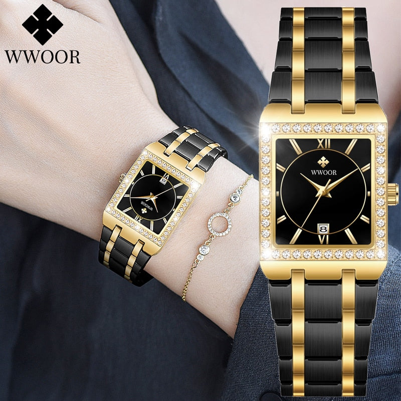 WWOOR women's high quality brand design square diamond, small watch.