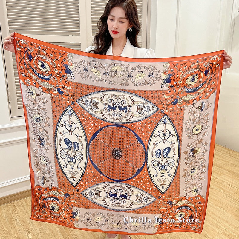 110*110cm Floral Printed Imitated Silk Scarf