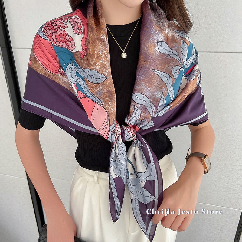 110*110cm Floral Printed Imitated Silk Scarf