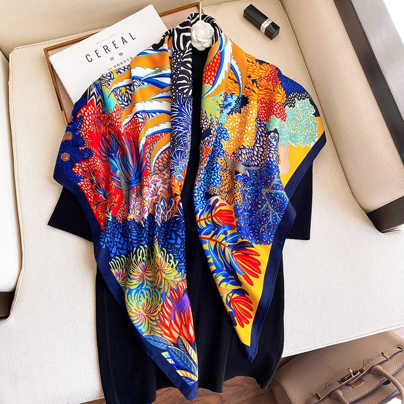 90*90cm Luxury Brand Colorful Twill Print Square Scarf