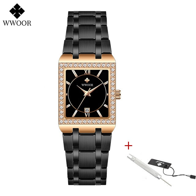 WWOOR women's high quality brand design square diamond, small watch.