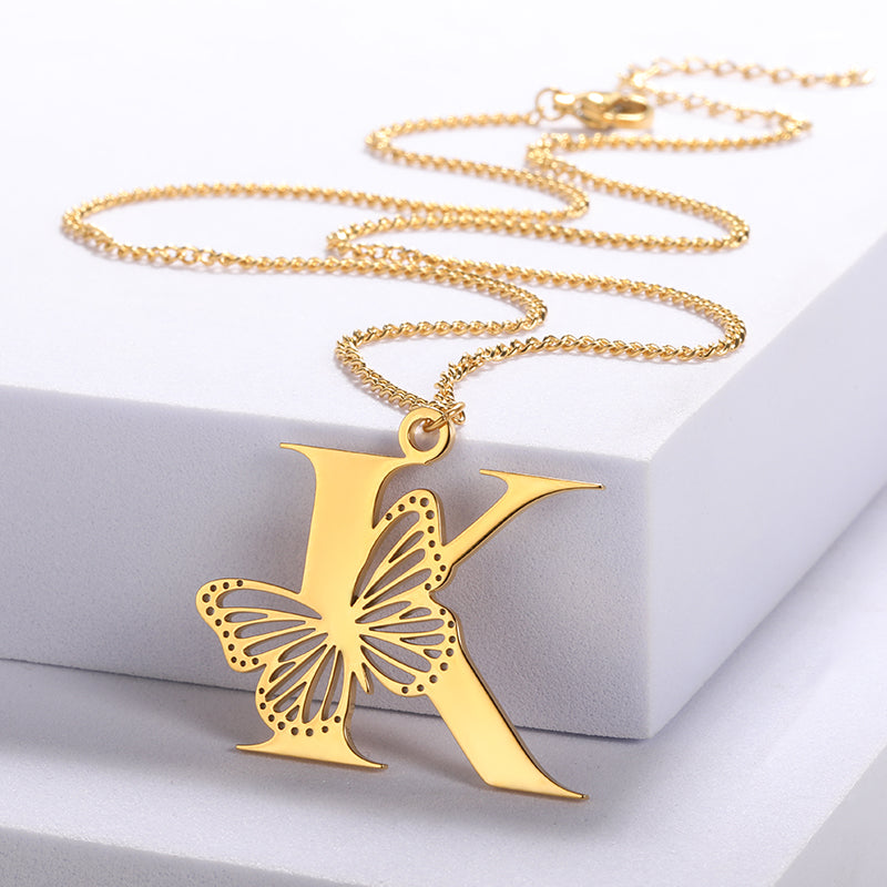 Stainless Steel A-Z Alphabet Letter Butterfly Necklace