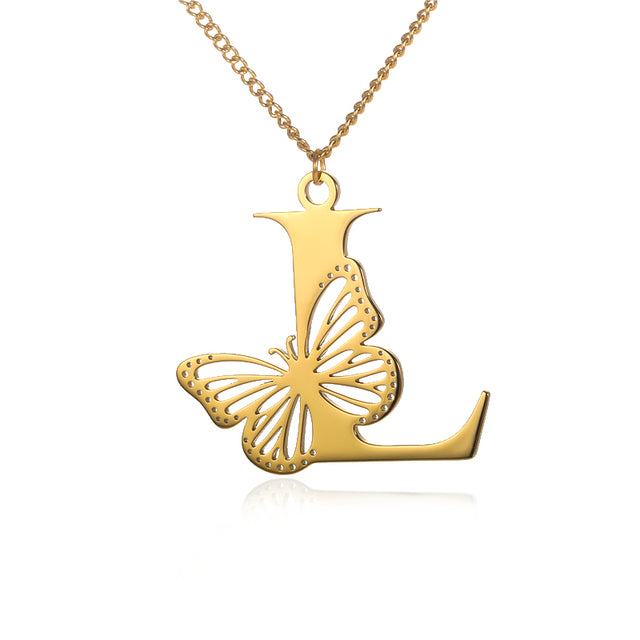 Stainless Steel A-Z Alphabet Letter Butterfly Necklace