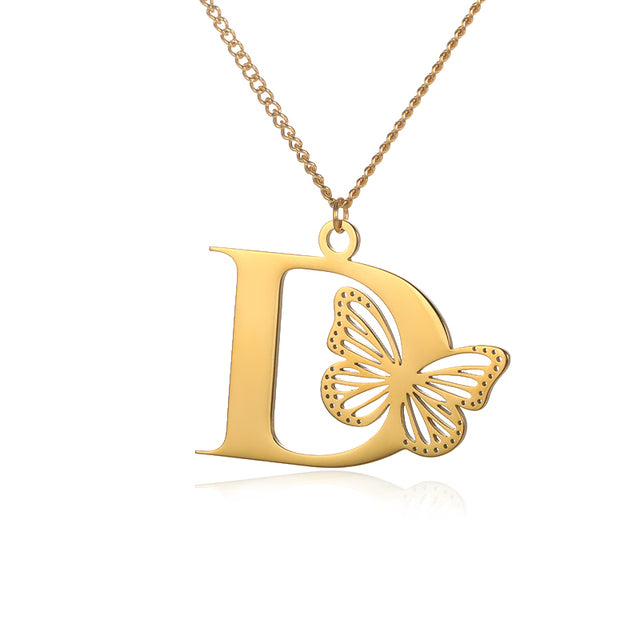 Stainless Steel A-Z Alphabet Letter Butterfly Necklace