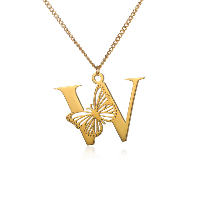 Stainless Steel A-Z Alphabet Letter Butterfly Necklace