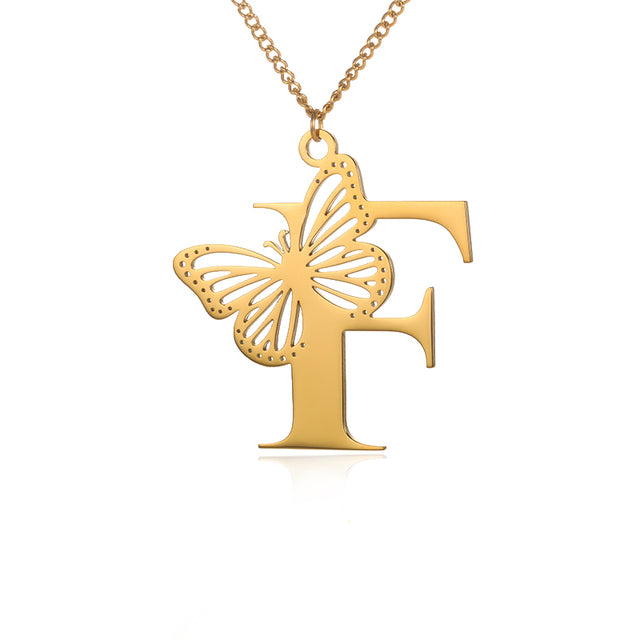 Stainless Steel A-Z Alphabet Letter Butterfly Necklace