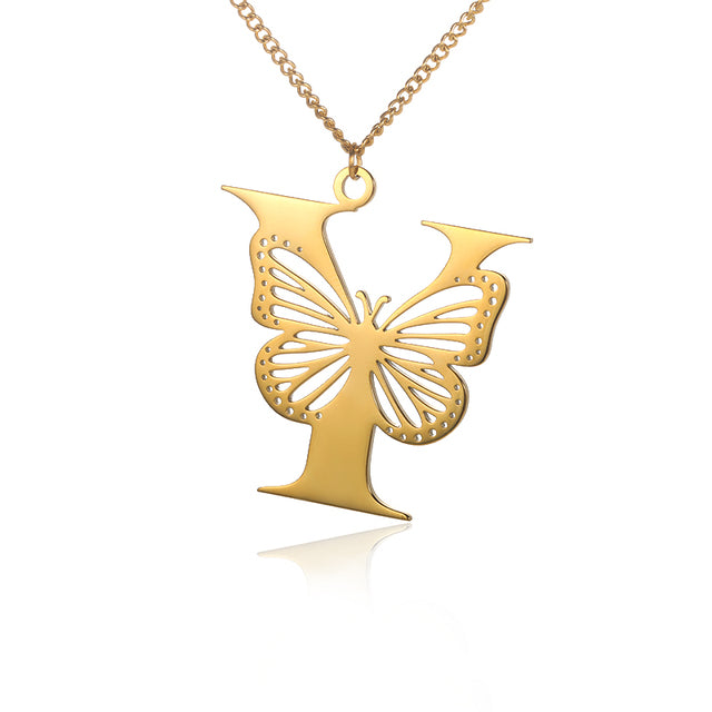 Stainless Steel A-Z Alphabet Letter Butterfly Necklace