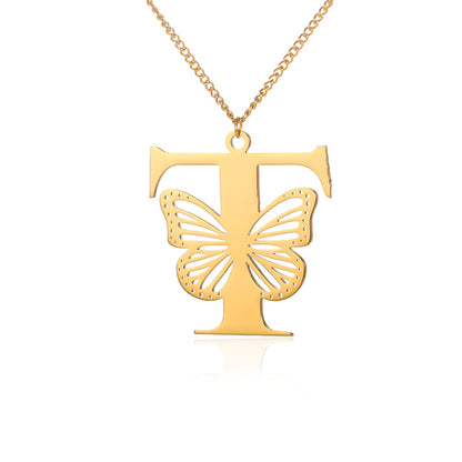 Stainless Steel A-Z Alphabet Letter Butterfly Necklace