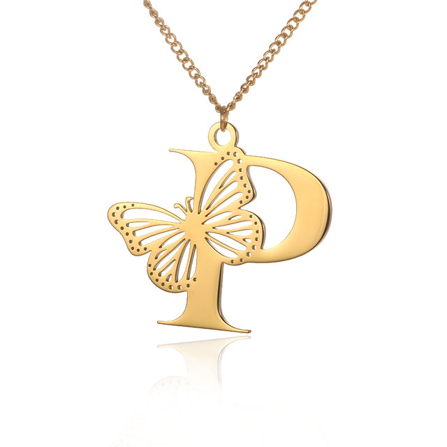 Stainless Steel A-Z Alphabet Letter Butterfly Necklace