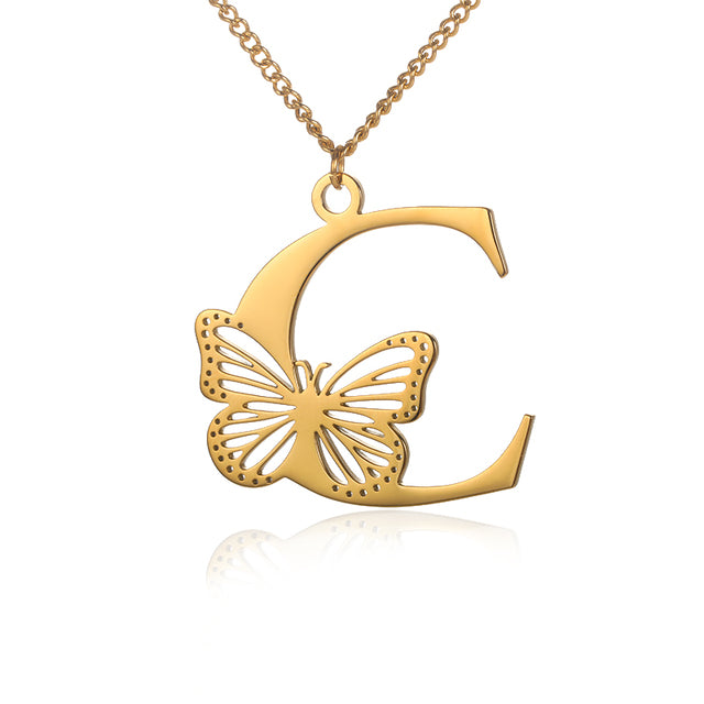 Stainless Steel A-Z Alphabet Letter Butterfly Necklace