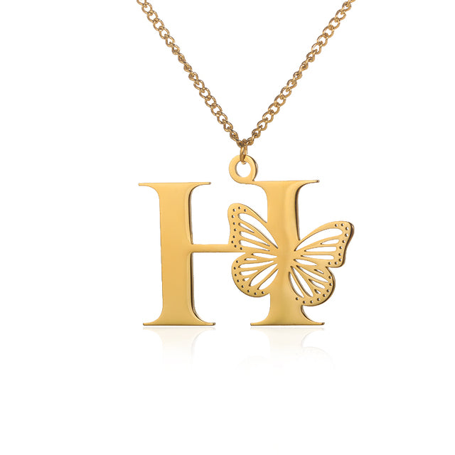 Stainless Steel A-Z Alphabet Letter Butterfly Necklace