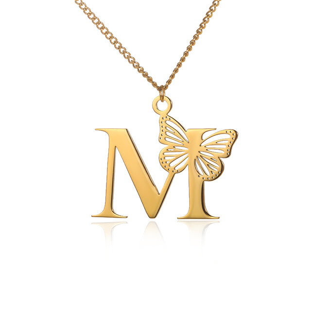 Stainless Steel A-Z Alphabet Letter Butterfly Necklace