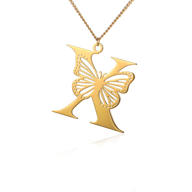 Stainless Steel A-Z Alphabet Letter Butterfly Necklace