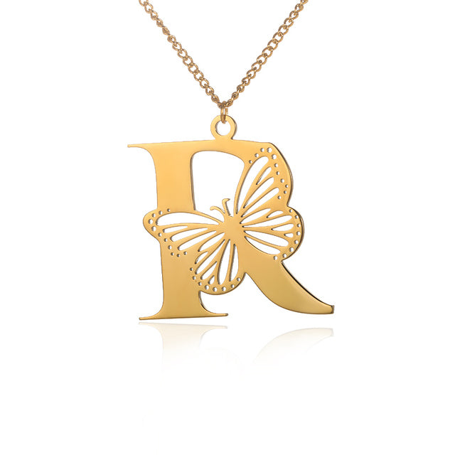 Stainless Steel A-Z Alphabet Letter Butterfly Necklace