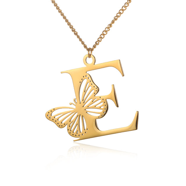 Stainless Steel A-Z Alphabet Letter Butterfly Necklace