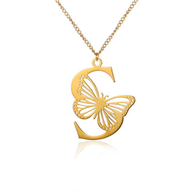 Stainless Steel A-Z Alphabet Letter Butterfly Necklace