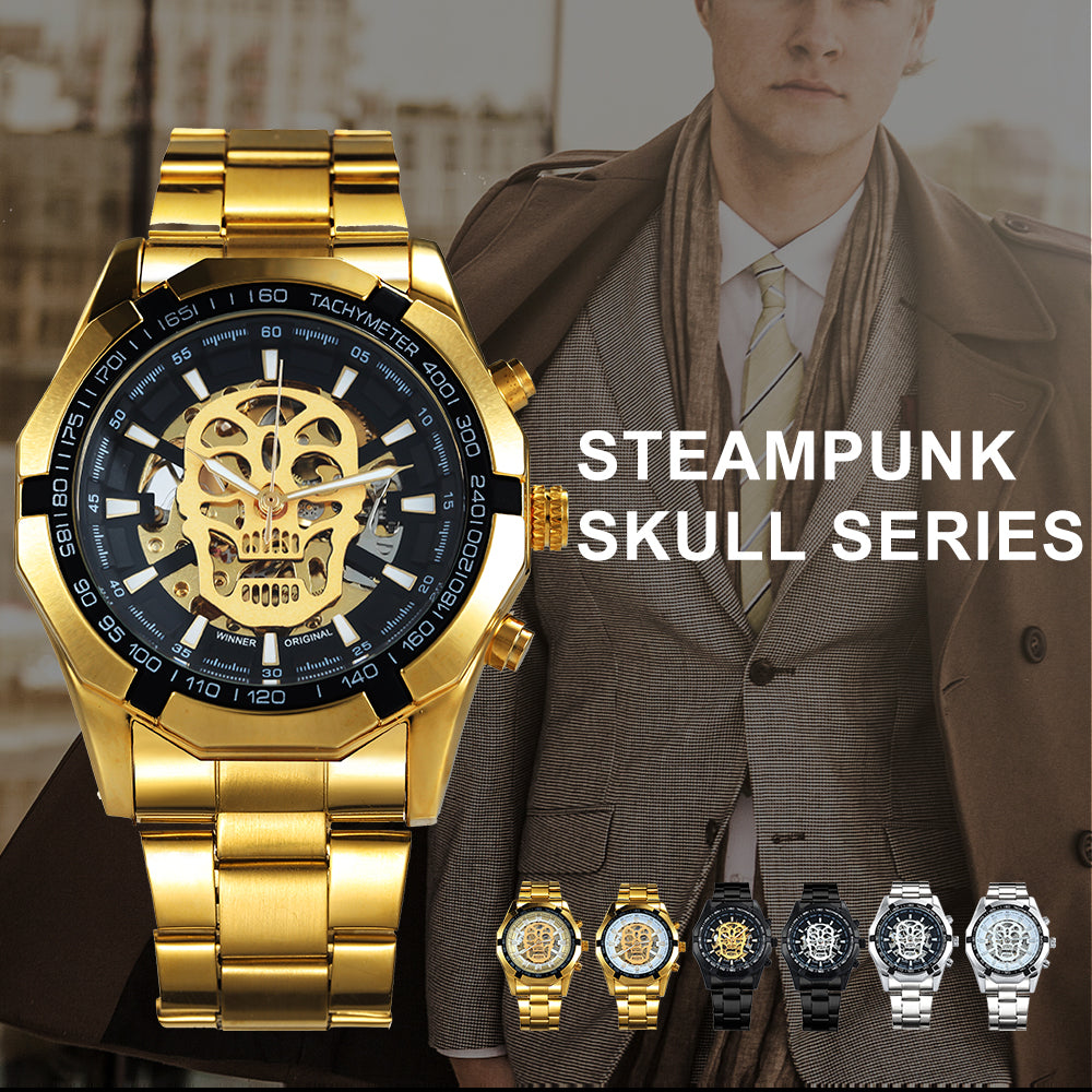 Mechanical Watch Men Skull Golden Stainless Steel Strap