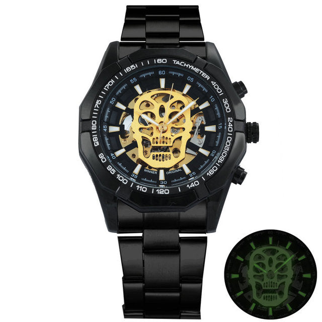 Mechanical Watch Men Skull Golden Stainless Steel Strap