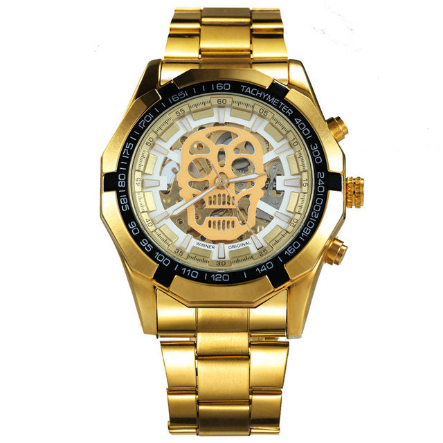 Mechanical Watch Men Skull Golden Stainless Steel Strap