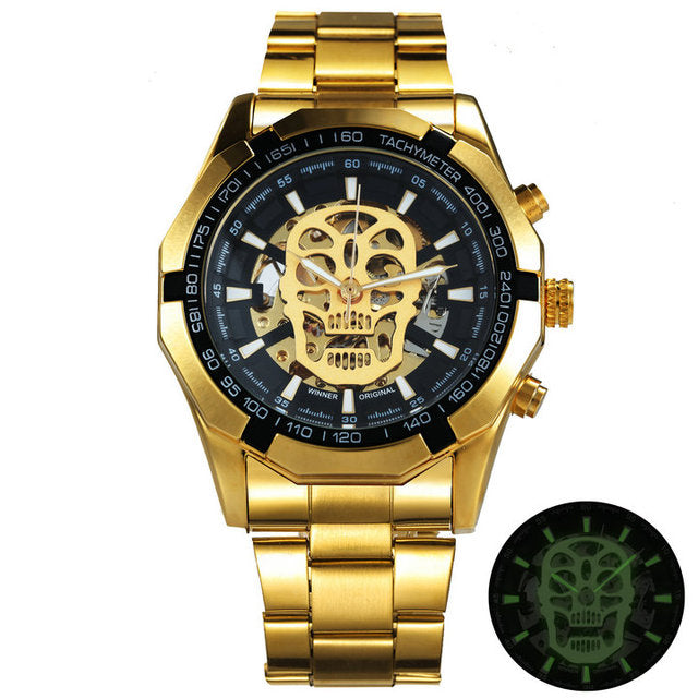 Mechanical Watch Men Skull Golden Stainless Steel Strap