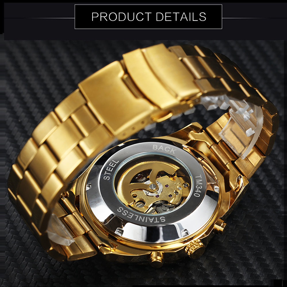 Mechanical Watch Men Skull Golden Stainless Steel Strap